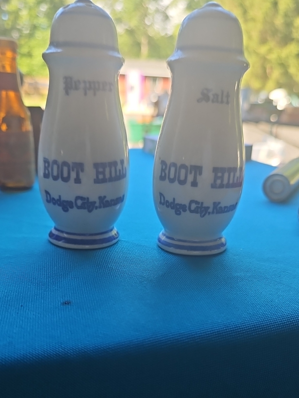 Dodge City Ceramic Salt & Pepper Shakers - White with Blue Accents